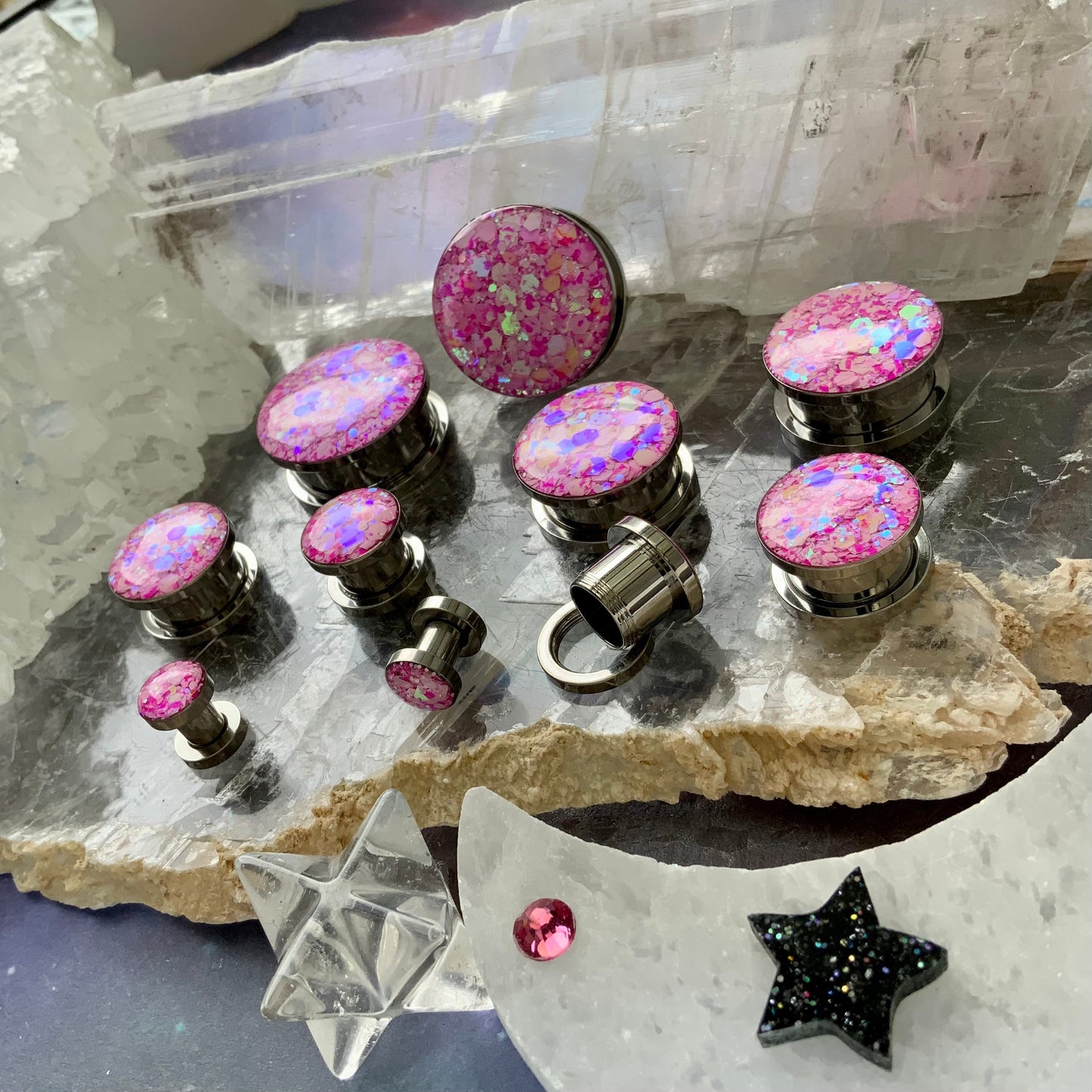 Freyja Pink Glitter Steel Plugs