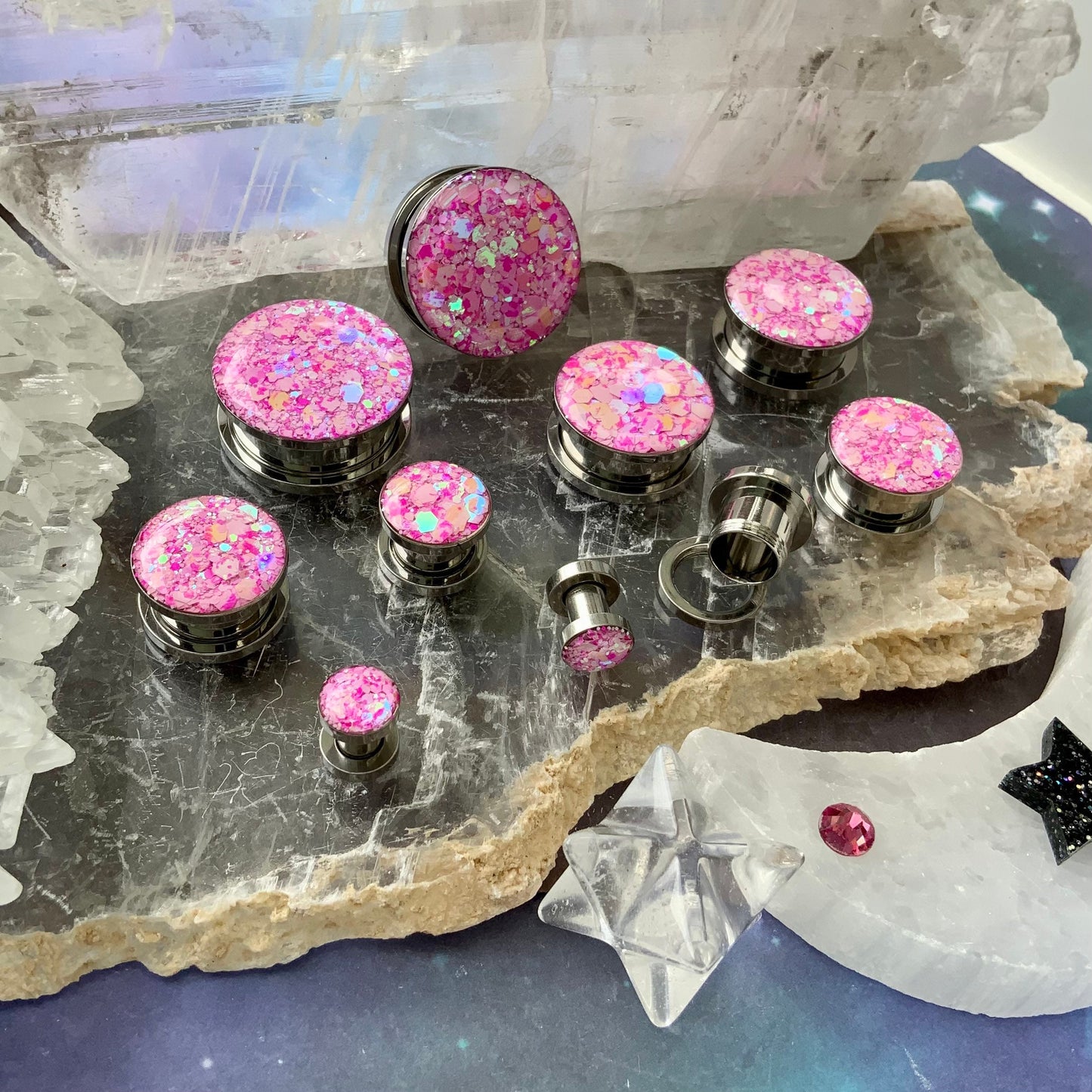 Freyja Pink Glitter Steel Plugs