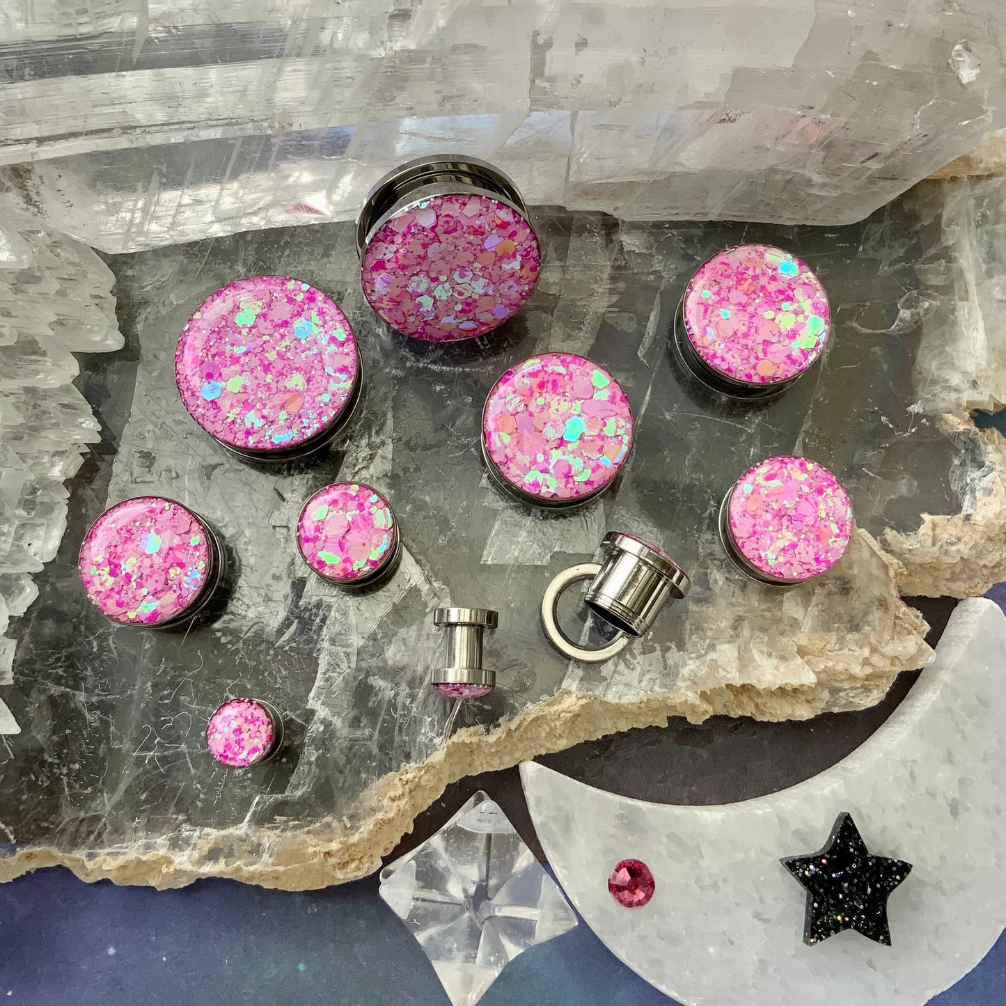 Freyja Pink Glitter Steel Plugs